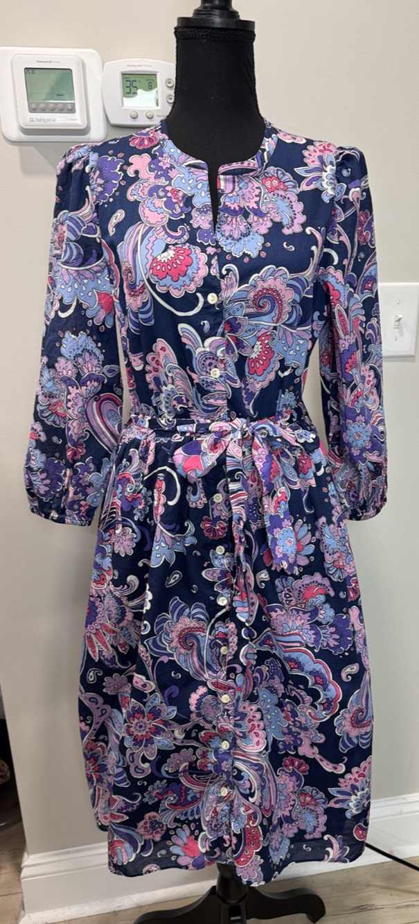 Talbots Petite Paisley Cotton Shirt Dress Navy Pink Purple Belted NWT 12P